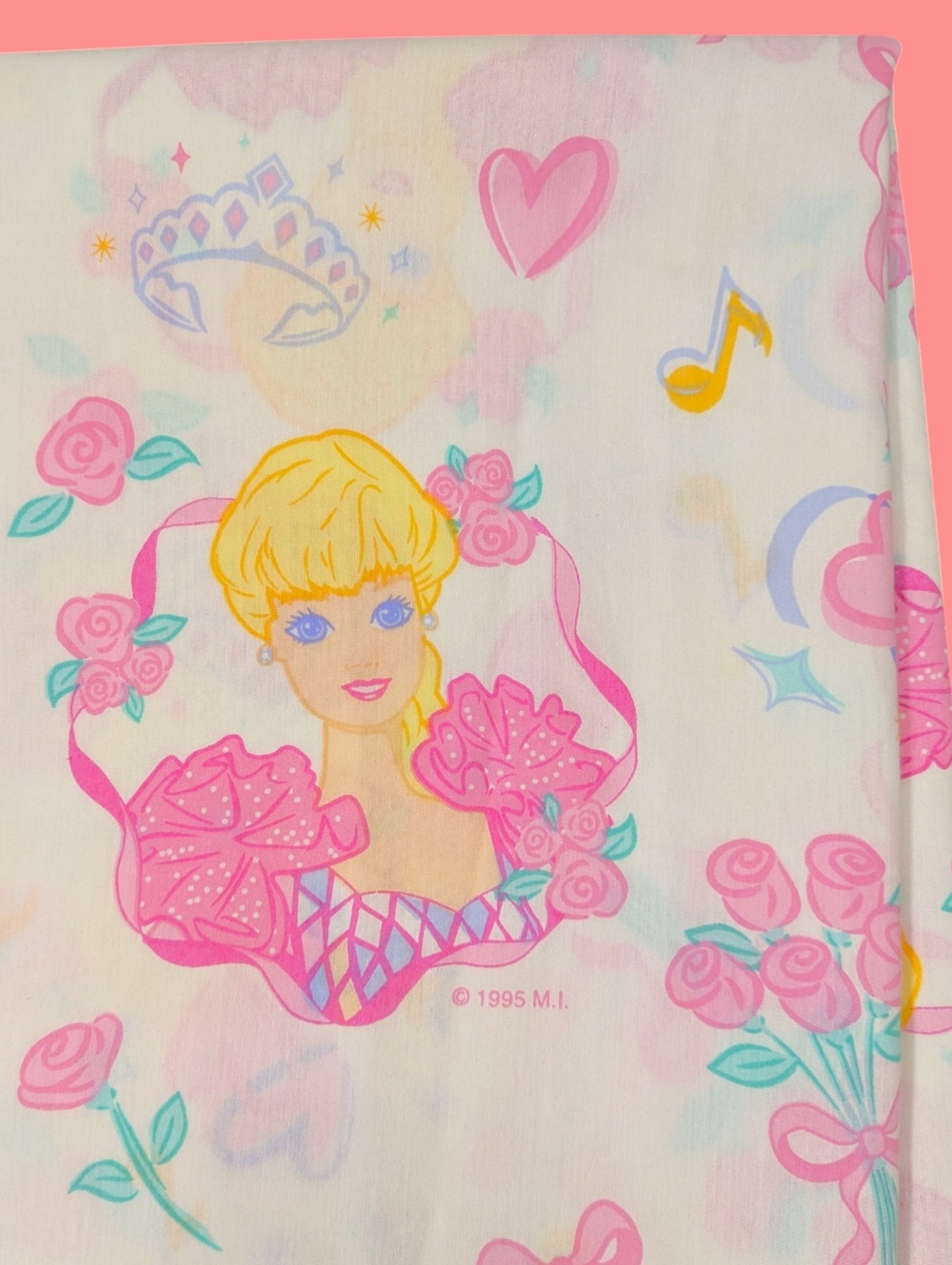 Vintage Barbie Full Size Flat Top Sheet 1995 Ballerina Pink 80" X 92" Rose Heart